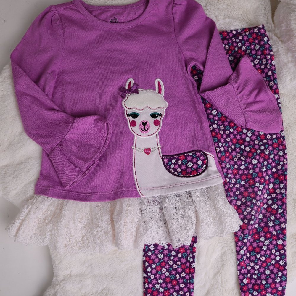 🩰 Kids Headquarters Purple White Lace Llama Set Top Blouse Tunic Pants Leggings